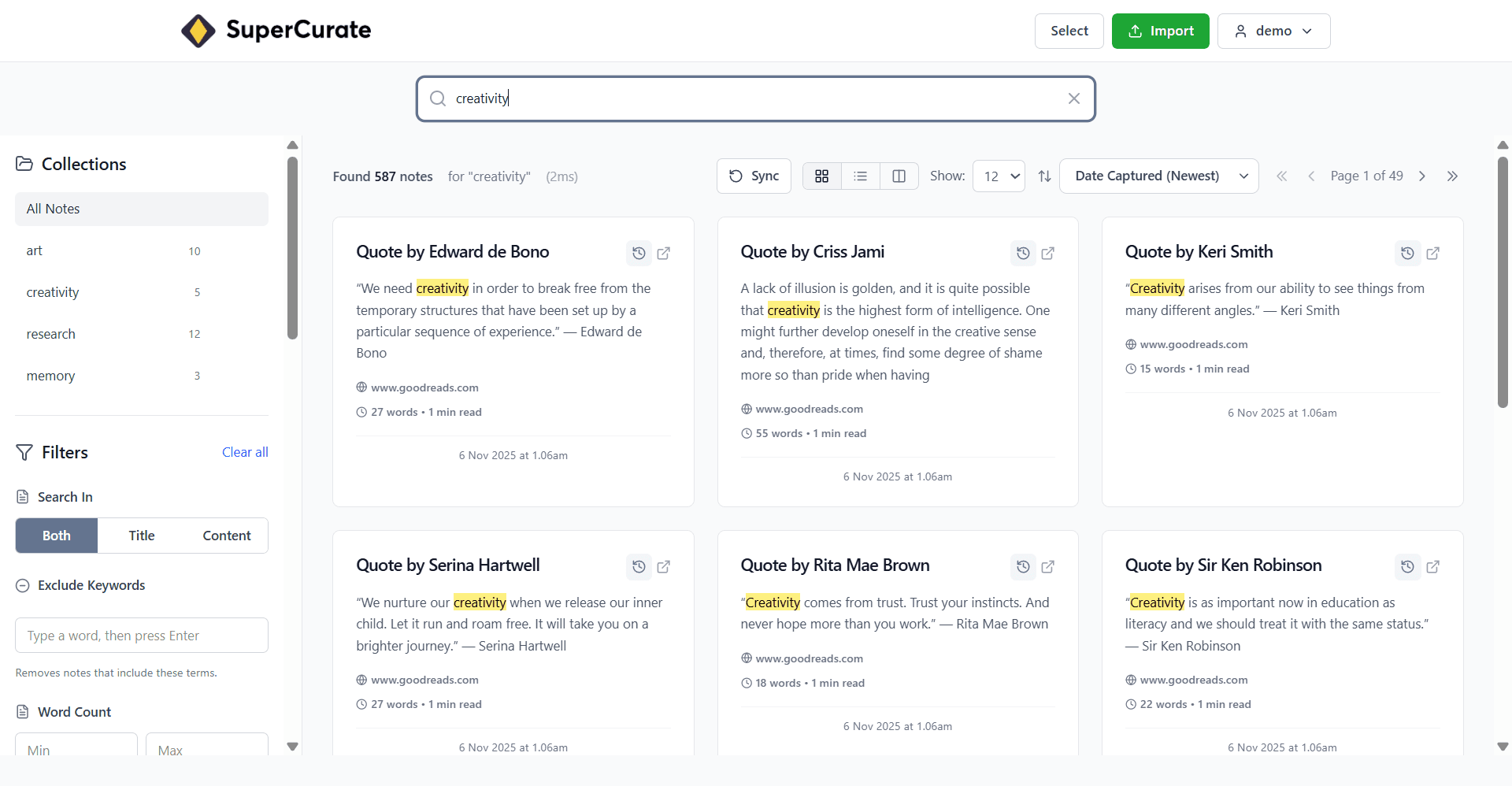 SuperCurate dashboard showing highlighted search results